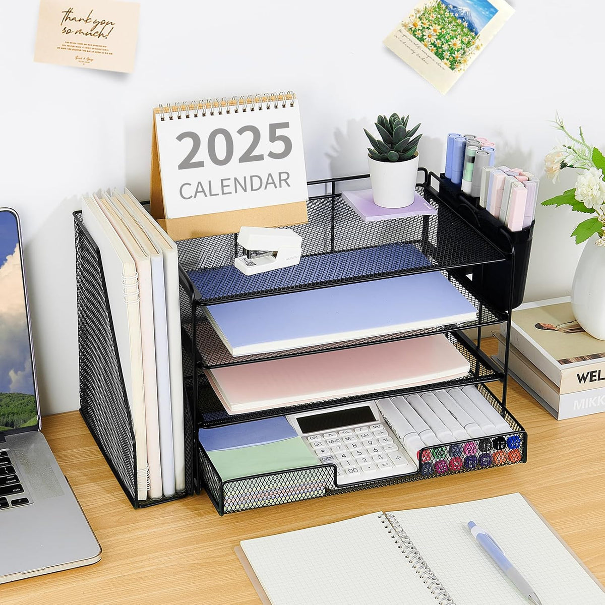 OPNICE Desk Organizer, 4-Tier Desktop File Organizer with Drawer and Pen Holders, Office Desk Accessories, File Sorters, Workspace Organizers for Office Supplies(Black)