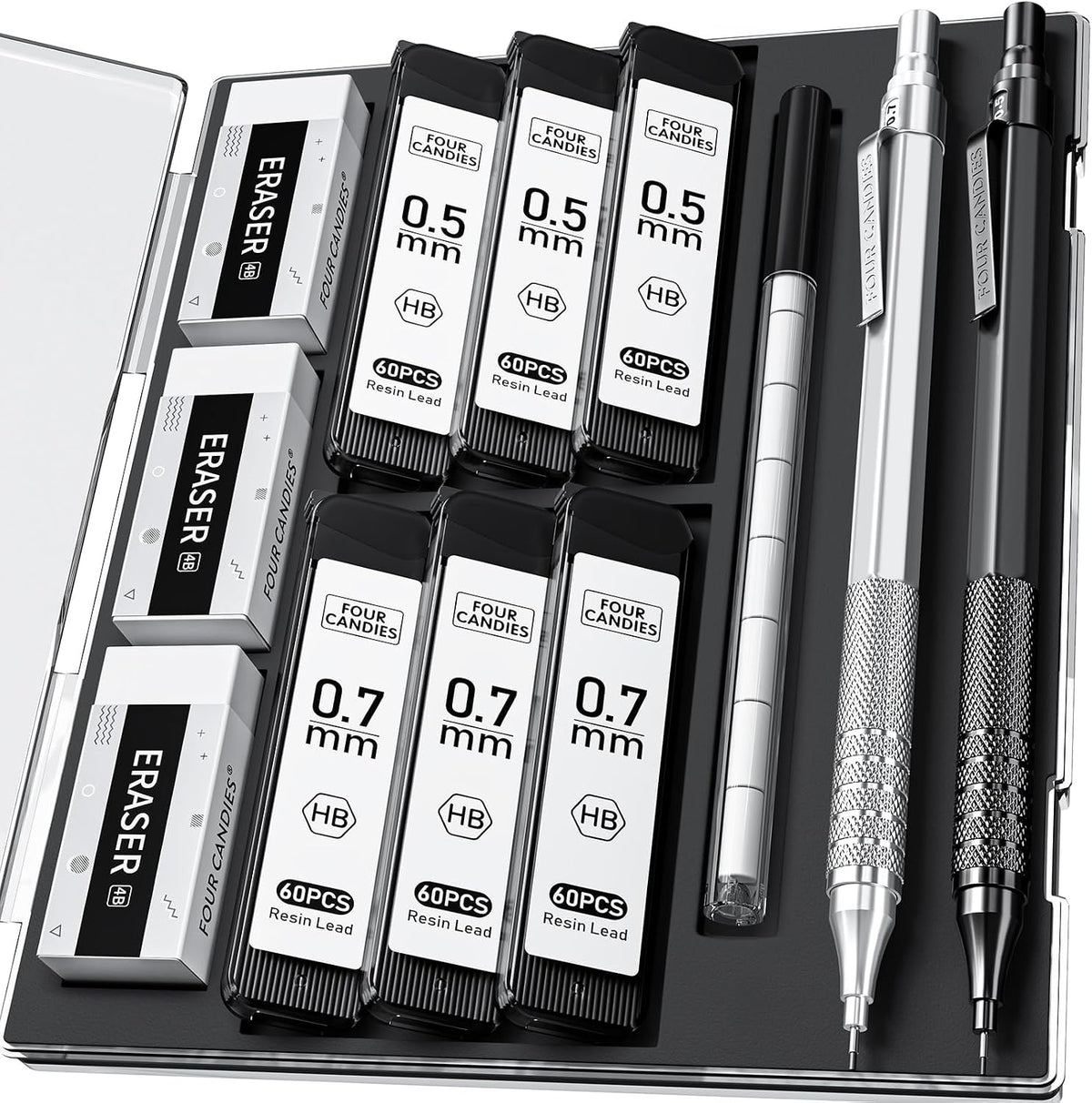 2PCS Metal Mechanical Pencil Set, 0.5mm+0.7mm, Storage Case, Black＆Silver