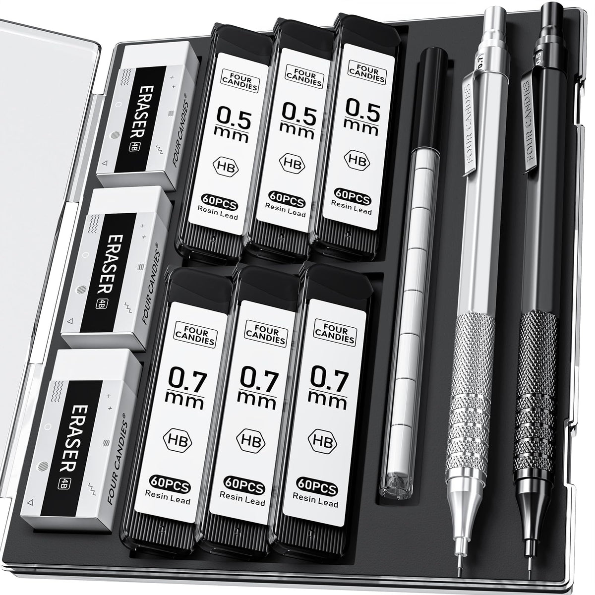 2PCS Metal Mechanical Pencil Set, 0.5mm+0.7mm, Storage Case, Black＆Silver