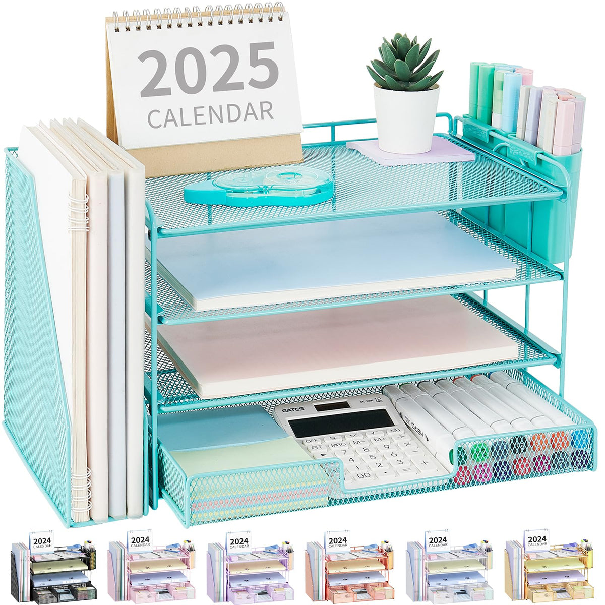 OPNICE Desk Organizer, 4-Tier Desktop File Organizer with Drawer and Pen Holders, Office Desk Accessories, File Sorters, Workspace Organizers for Office Supplies(Black)