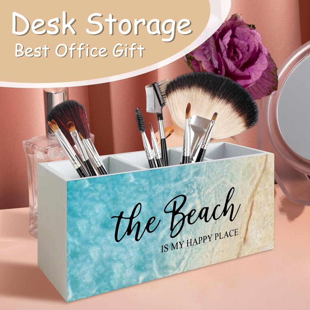 Beach Gifts for Women Men, The Beach Is My Happy Place Pen Holder for Home Office Kitchen Desk Decor, Beach Wooden Pencil Holder Sign Organizer for Home Office Desk Accessories,