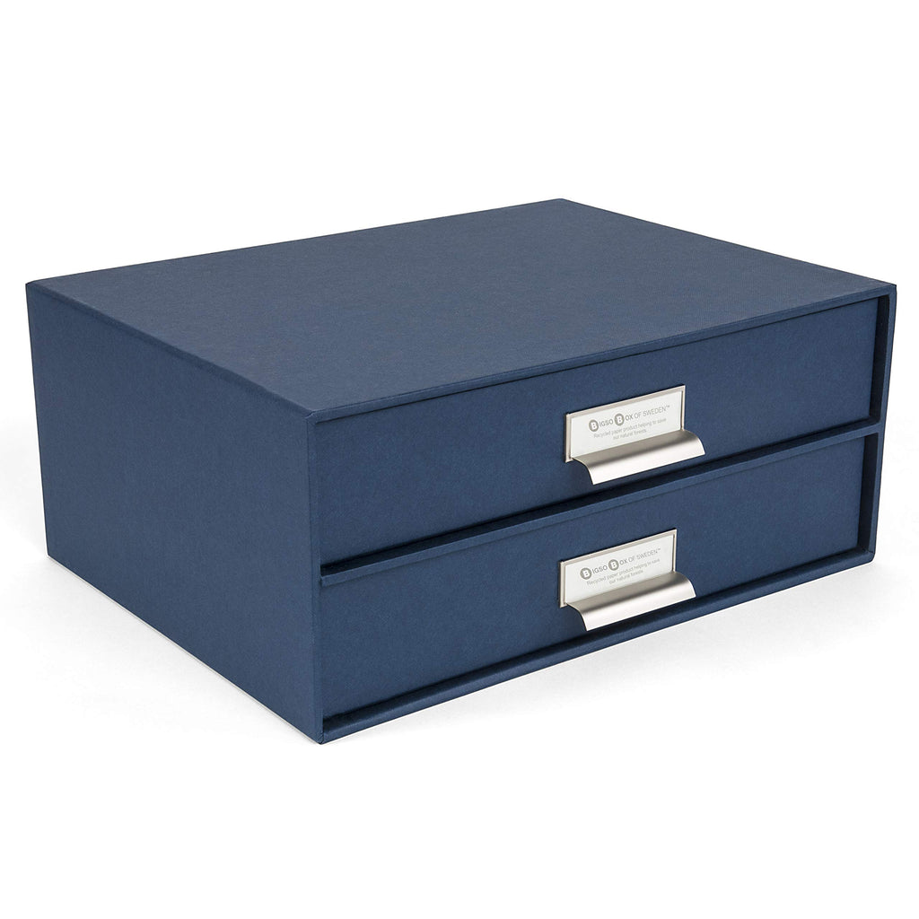 Bigso Box of Sweden Birger 2-Drawer Fiberboard Label Frame Document Letter Box | Desktop Drawers for Loose Papers, Documents & More with Metal Label Holder | 13.1" x 10" x 5.7" | White