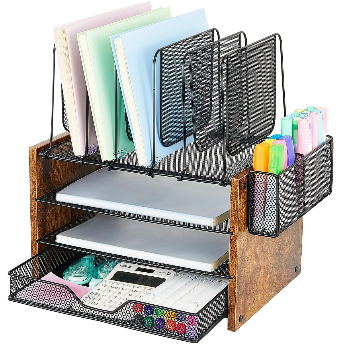 OPNICE Desk Organizer, 4-Tier Desktop File Organizer with Drawer and Pen Holders, Office Desk Accessories, File Sorters, Workspace Organizers for Office Supplies(Black)