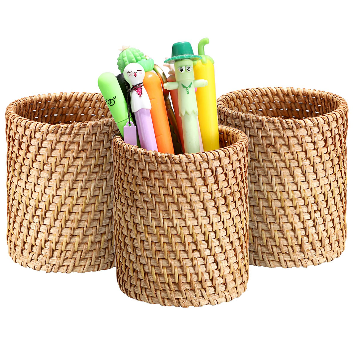 BTSKY Rattan Pen Cup, Handmade Desk Pencil Holders Makeup Brush Holder Multi-Functional Woven Basket Office&Home Desktop Organizer(Cone)