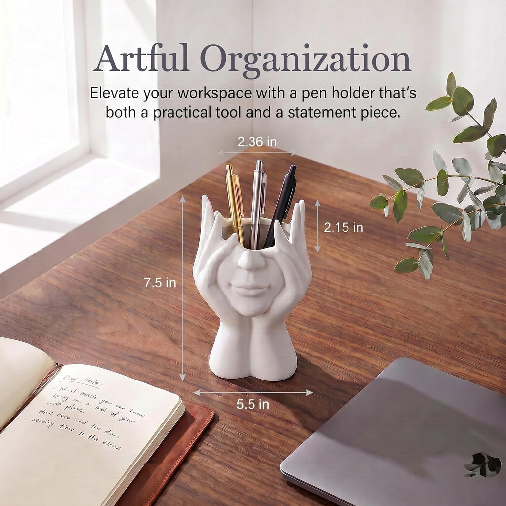 Face-Holding Creative Abstract Pen Holder Pencil Holder, Desktop Decorative Ornament, Vanity Makeup Brush Storage Organizer, Suitable for Home Office Bookshelf Room