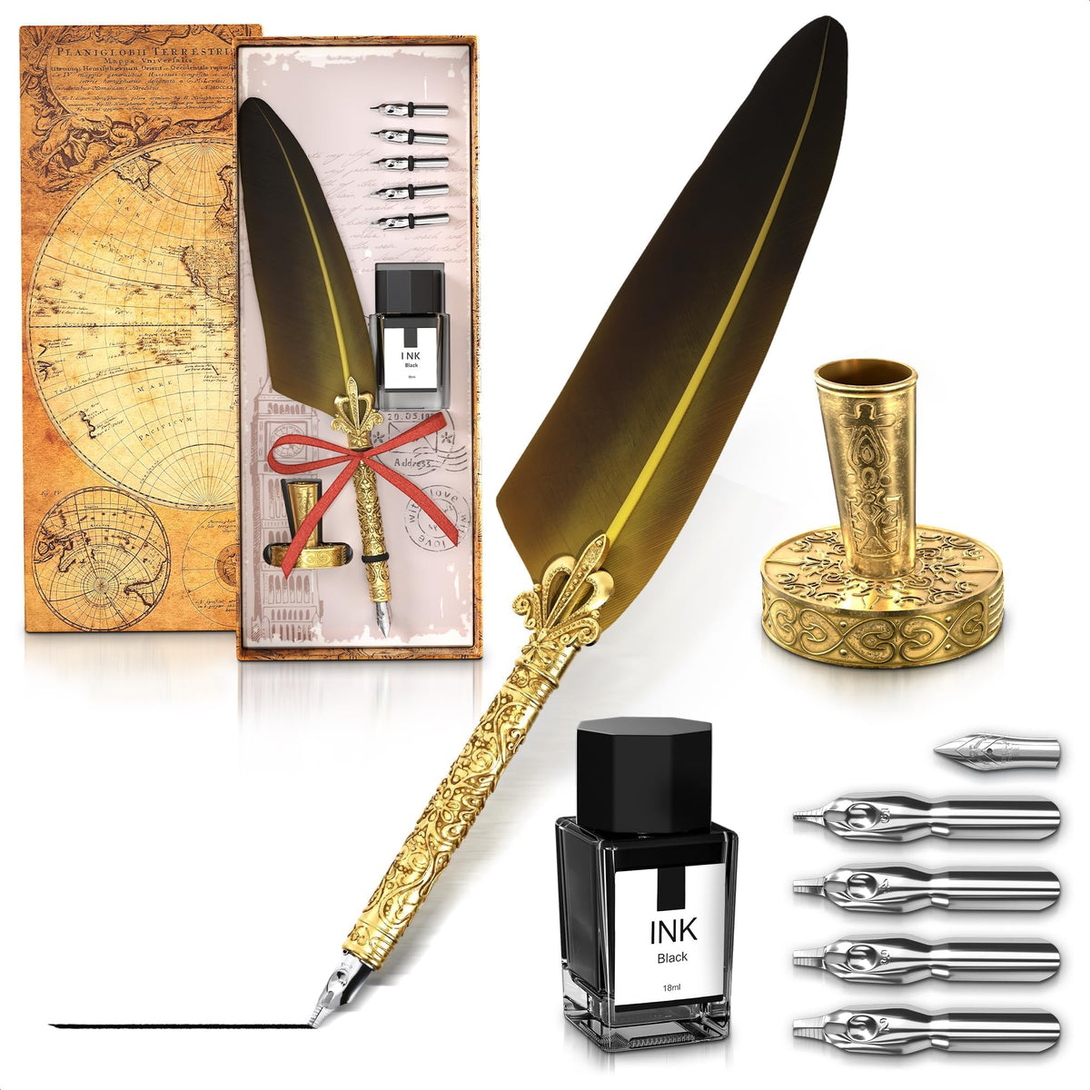 Lagarto Feather Pen and Ink Set, 11.4", 6 Steel Nibs, Inkwell (Red)
