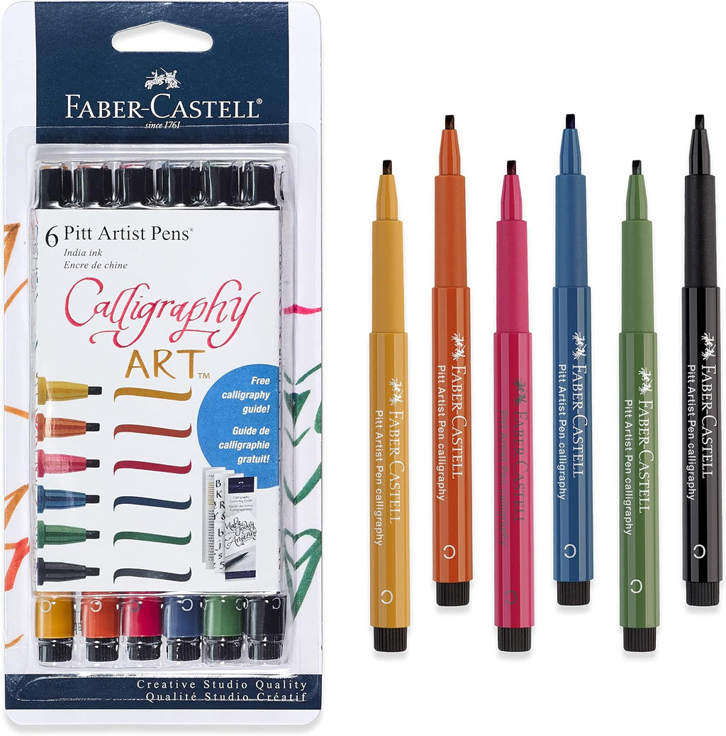 Faber-Castell Pitt Artist Calligraphy Pens | 6 India Ink Pens, 2.5 mm Chisel Tip | Multicolor Calligraphy Pen Set for Lettering, Journaling, Creative Writing & Hand Lettering Designs