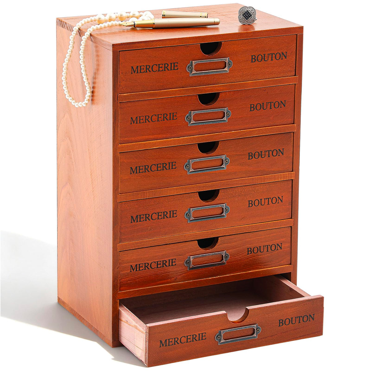 Wesiti Wooden Desk Organizer, 5 Drawers, Vintage Makeup Cabinet, Brown