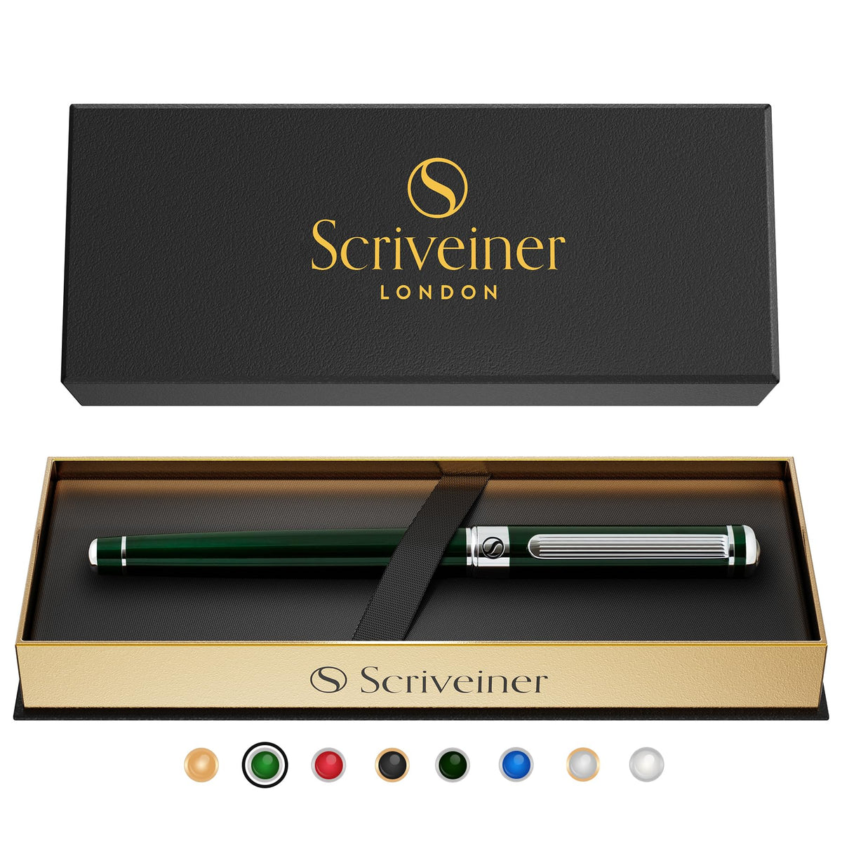 Scriveiner Black Green Rollerball Pen - Stunning Luxury Pen, Chrome Finish, Schmidt Ink Refill, Best Roller Ball Pen Gift Set for Men & Women, Professional, Executive Office