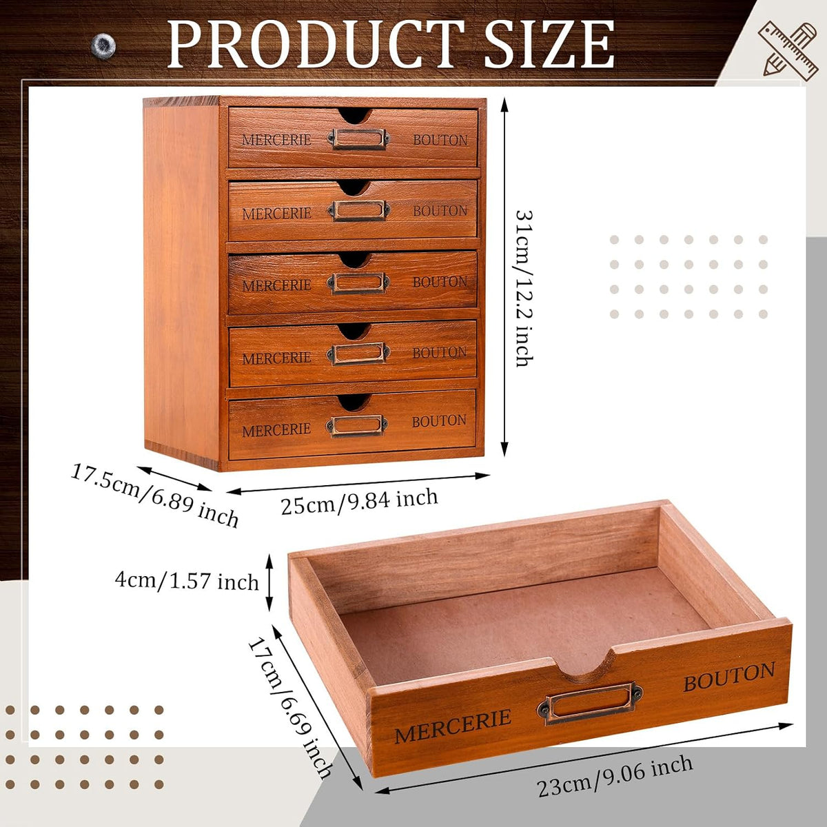 Wesiti Wooden Desk Organizer, 5 Drawers, Vintage Makeup Cabinet, Brown