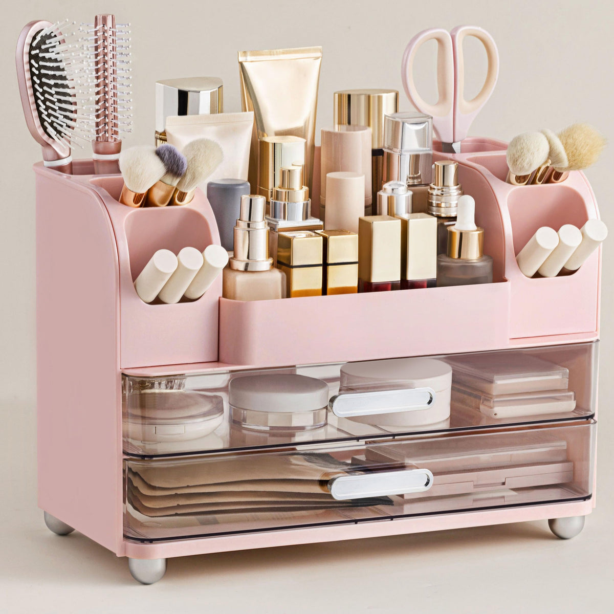 HBlife Makeup Organizer for Vanity with Brush Holder, Large Bathroom Countertop Cosmetic Organizer Skin Care Storage, Easy to Store Lipsticks, Nail Polishes, Perfumes, Eyeshadow Palettes, Beige