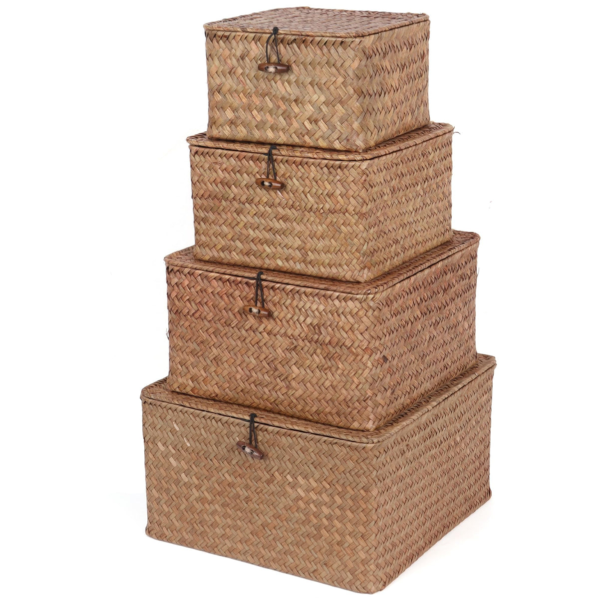 Moosky Wicker Shelf Baskets with Lid, Handwoven Seagrass Storage Basket Bins Square Gift Boxes for Shelves Home Decor Organizer (Natural, X-Small)