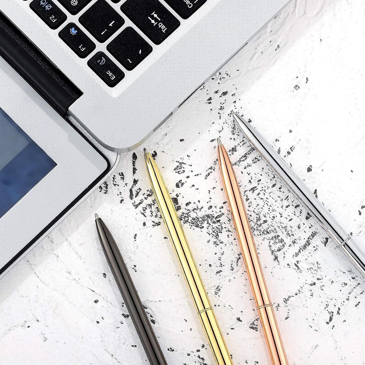 Zonon 8 Piece Gold Slim Pens Metal Ballpoint Rose Metallic Twist Black Ink Pen 1.0 mm Glossy Retractable Writing for Home School Students Teachers Wedding Gift, Rose, Gold, Steel, Silver