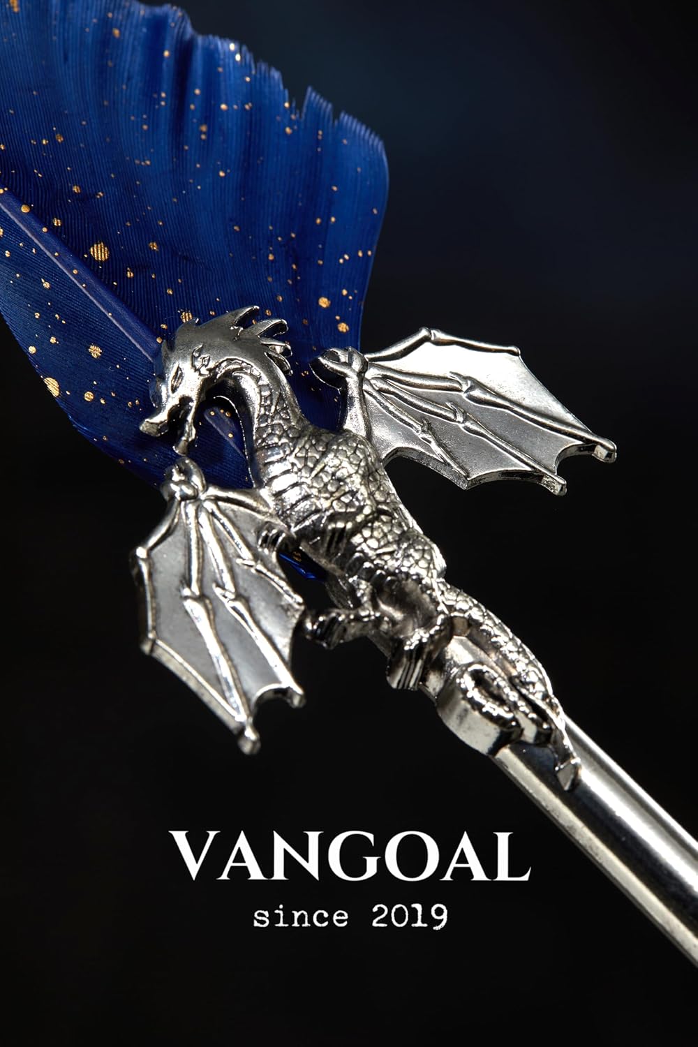 VANGOAL Dragon Quill Pen and Ink Set, Vintage Dragon Feather Pen with Novelty Pen Base, Retro Carving Dip Pen Calligraphy Pen Gift Set for Writing, Drawing(Dark Blue)