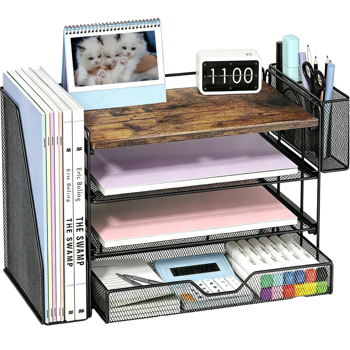 OPNICE Desk Organizer, 4-Tier Desktop File Organizer with Drawer and Pen Holders, Office Desk Accessories, File Sorters, Workspace Organizers for Office Supplies(Black)