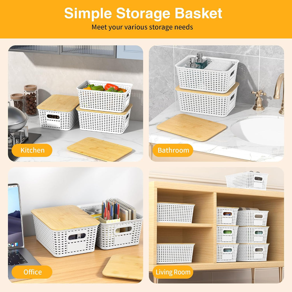 6 Pack Plastic Storage Baskets,White bamboo lid storage Box