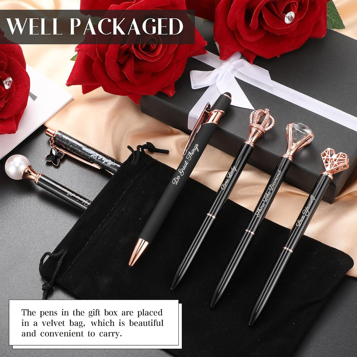 Qeeenar 6 Pcs Fancy Pens for Women Crystal Diamond Pen with Box, Black