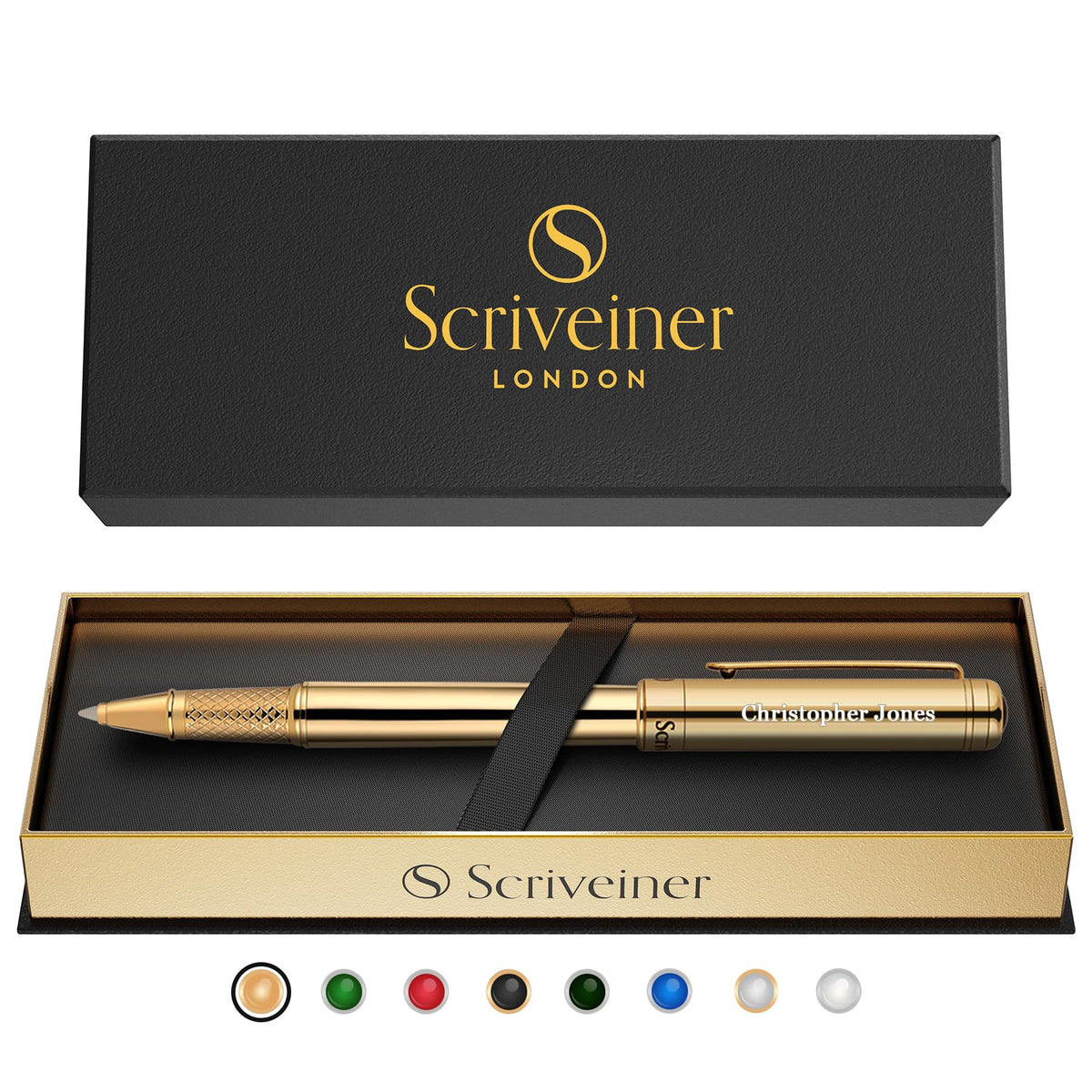 Scriveiner Black Green Rollerball Pen - Stunning Luxury Pen, Chrome Finish, Schmidt Ink Refill, Best Roller Ball Pen Gift Set for Men & Women, Professional, Executive Office