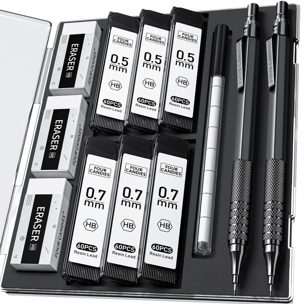 2PCS Metal Mechanical Pencil Set, 0.5mm+0.7mm, Storage Case, Black＆Silver