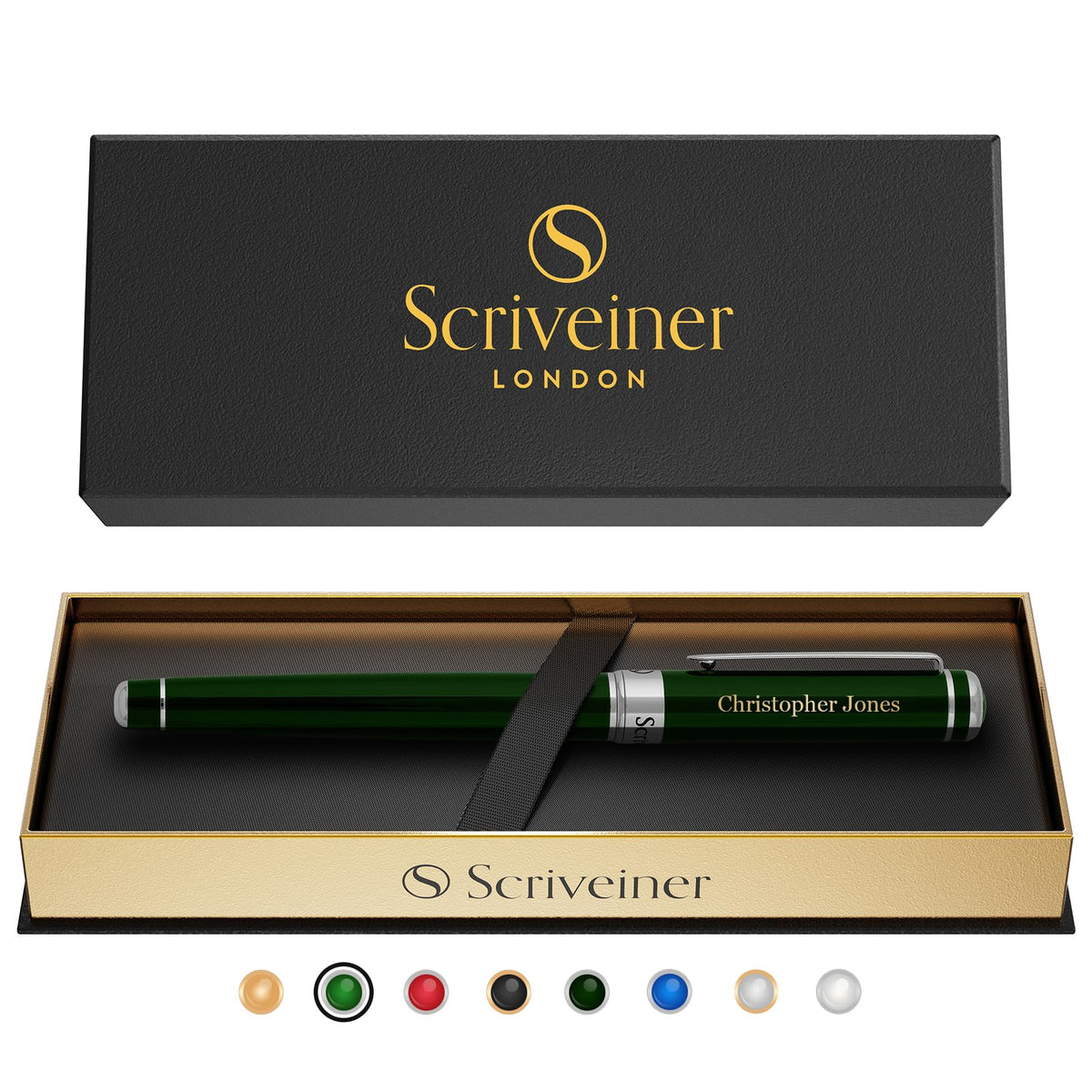 Scriveiner Black Green Rollerball Pen - Stunning Luxury Pen, Chrome Finish, Schmidt Ink Refill, Best Roller Ball Pen Gift Set for Men & Women, Professional, Executive Office