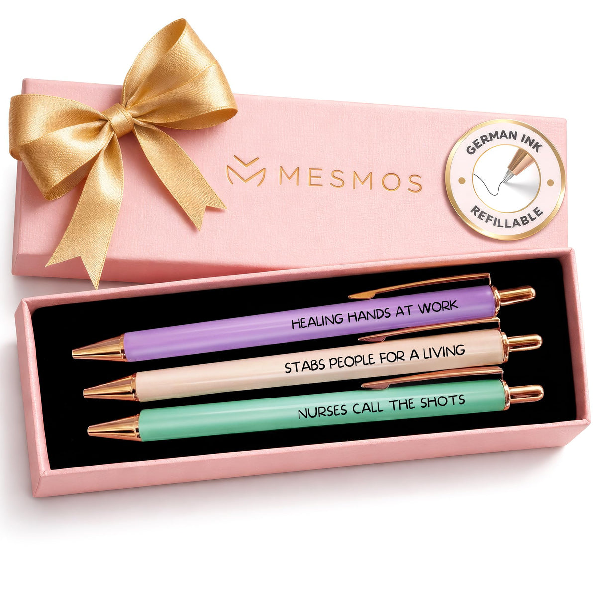 MESMOS 3pk Cute Cat Pens, Sassy and Funny Cat Lover Gifts for Women, Aesthetic Ballpoint Pens Beautifully Packaged, German-made Ink and Swiss-made Ink