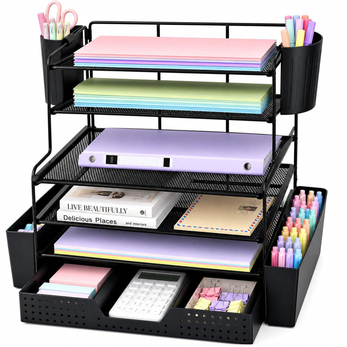 OPNICE Desk Organizer, 4-Tier Desktop File Organizer with Drawer and Pen Holders, Office Desk Accessories, File Sorters, Workspace Organizers for Office Supplies(Black)