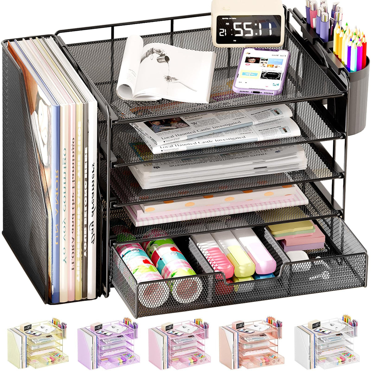 OPNICE Desk Organizer, 4-Tier Desktop File Organizer with Drawer and Pen Holders, Office Desk Accessories, File Sorters, Workspace Organizers for Office Supplies(Black)