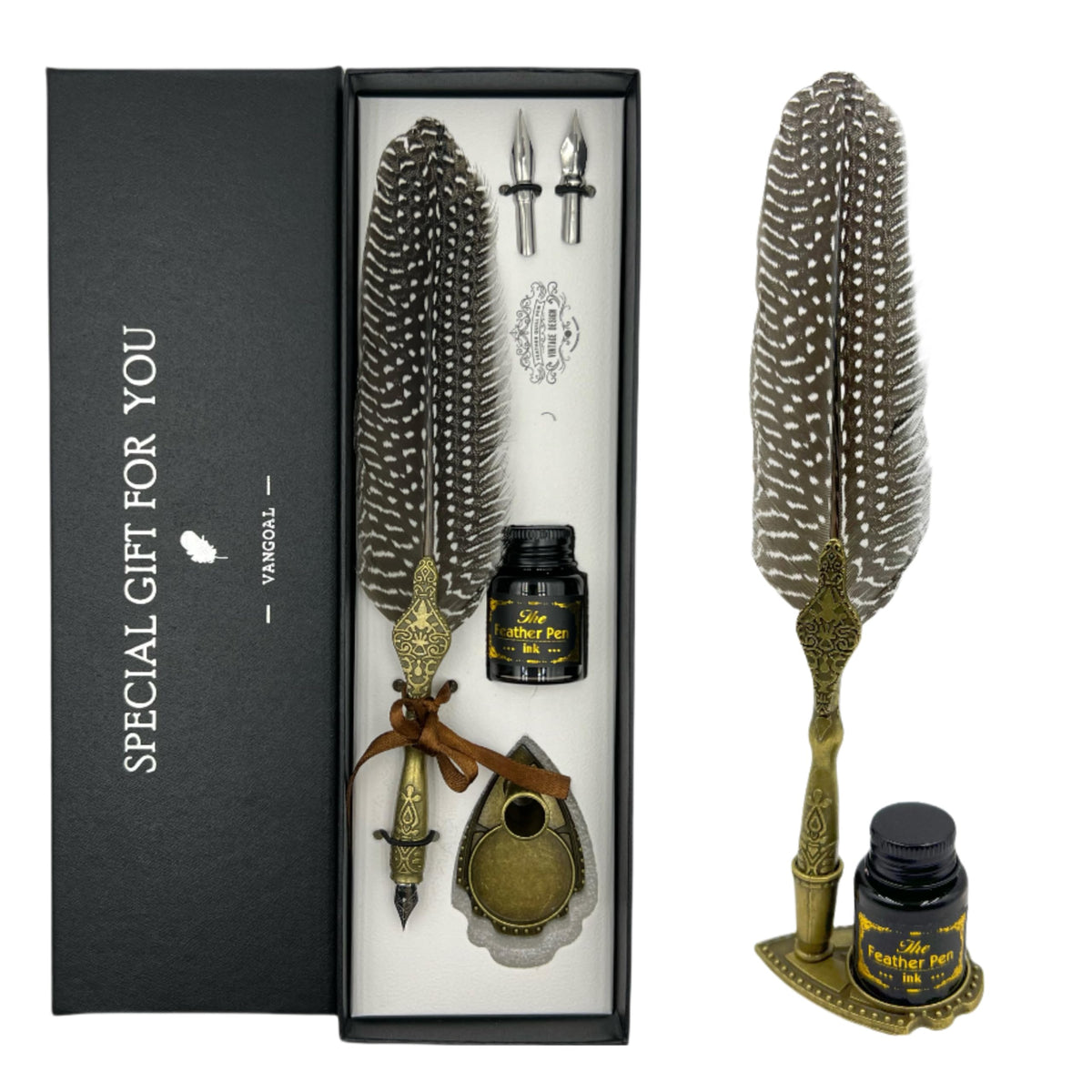 VANGOAL Vintage Green Feather Pen and Ink Set, Classic Series Goose Quill Pen with Carving Pen Stand, Calligraphy Pen Nibs, Black Dip Pen Ink, Antique Writing Gift for Writer