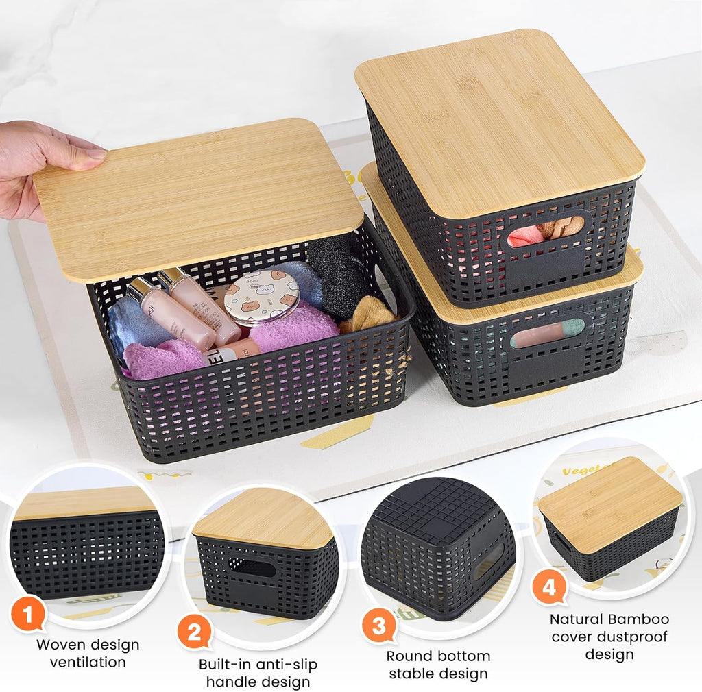 Ohmlove 6 Pack Plastic Storage Baskets with Bamboo Lids for Organization