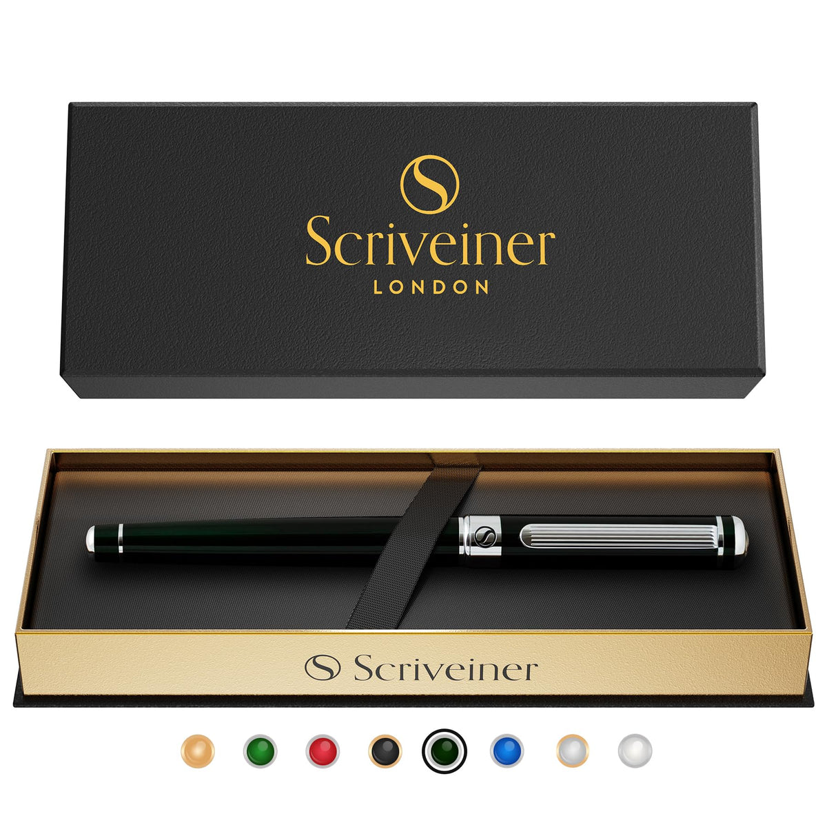 Scriveiner Black Green Rollerball Pen - Stunning Luxury Pen, Chrome Finish, Schmidt Ink Refill, Best Roller Ball Pen Gift Set for Men & Women, Professional, Executive Office