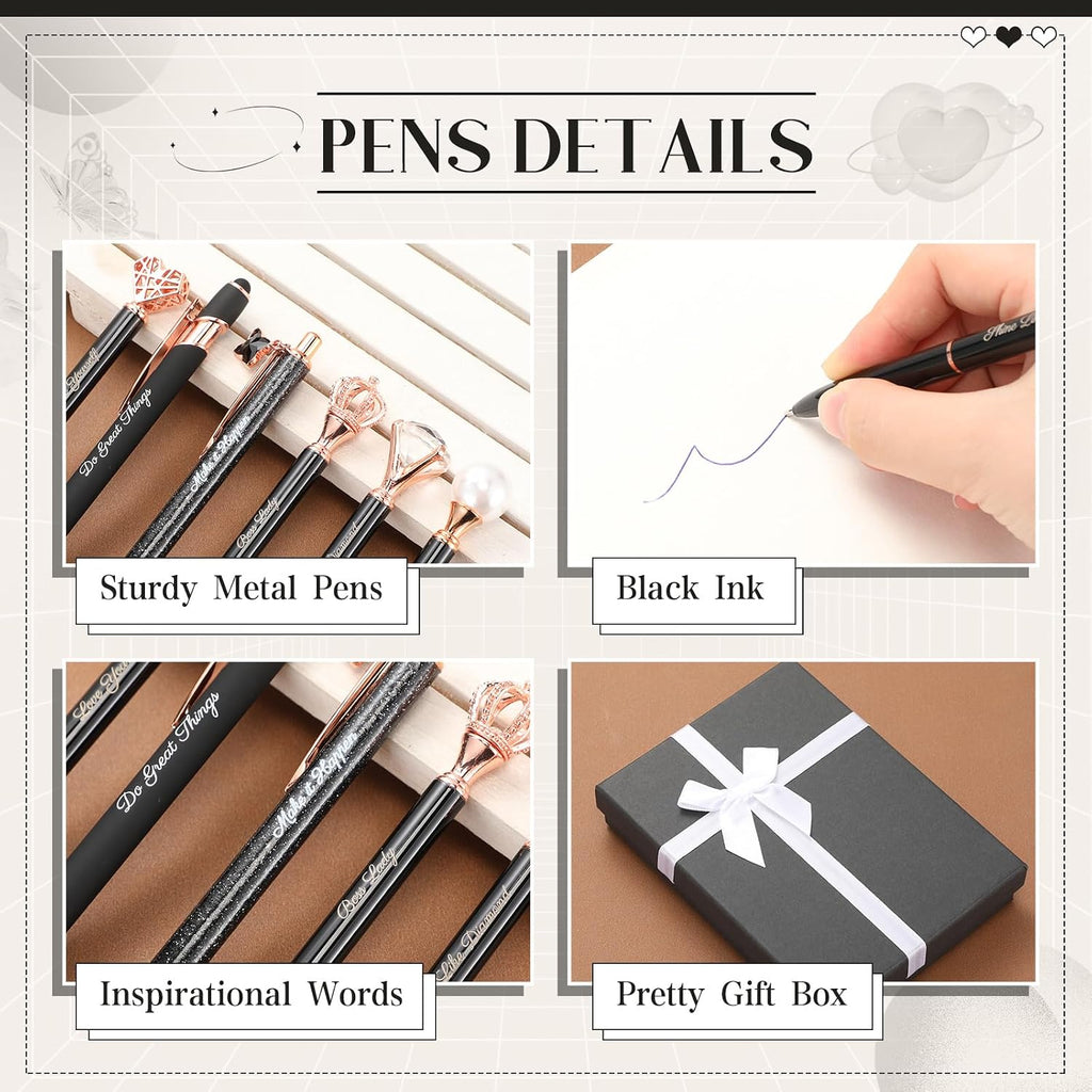 Qeeenar 6 Pcs Fancy Pens for Women Crystal Diamond Pen with Box, Black