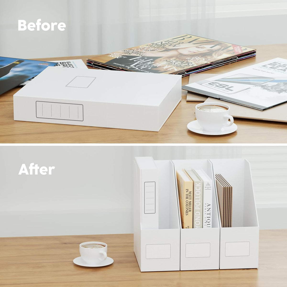 White Magazine File Holders，3 Packs Cardboard File Rack, Folder Holder