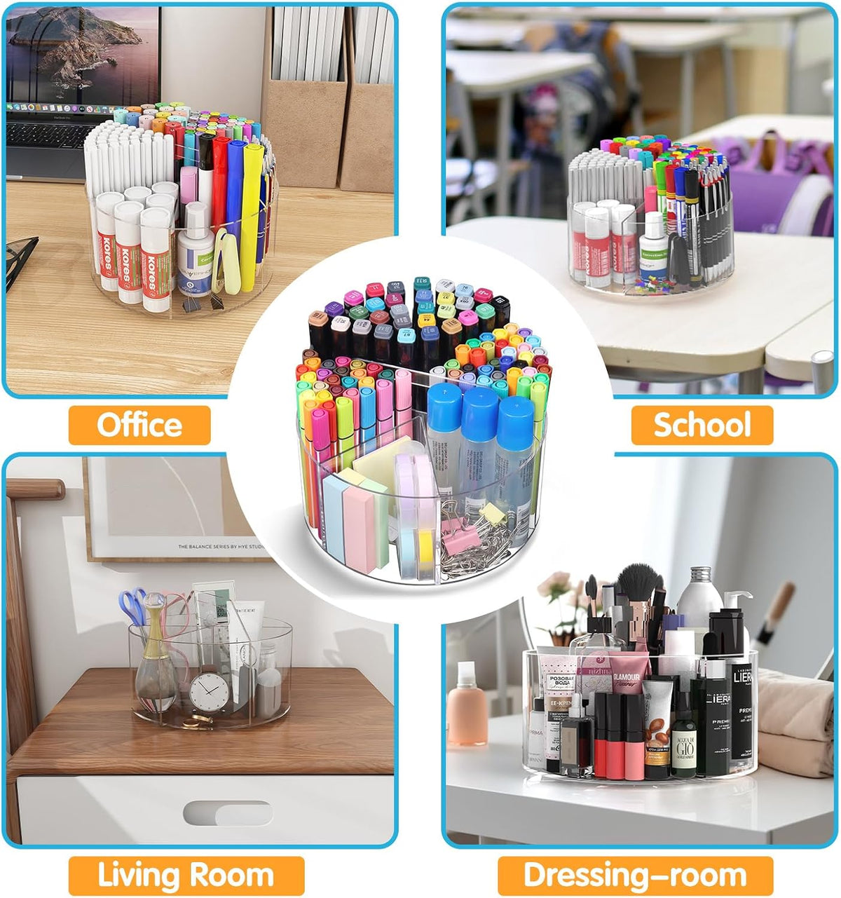 Mefirt Acrylic Pen Holder, 360 Degree Rotating Pen Organizer, Rotating Desk Acrylic Office Organizer with 6 Compartments, Marker Organizer for Kid, Crayon Caddy School Art Supply Storage Organizer