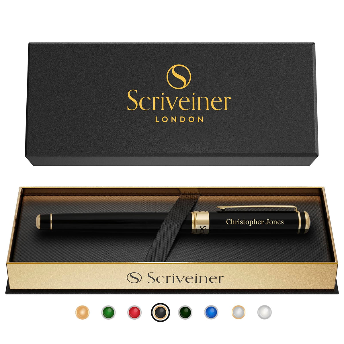Scriveiner Black Green Rollerball Pen - Stunning Luxury Pen, Chrome Finish, Schmidt Ink Refill, Best Roller Ball Pen Gift Set for Men & Women, Professional, Executive Office