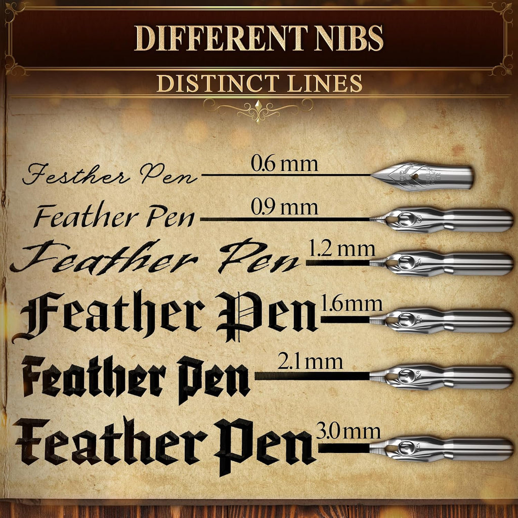 Lagarto Feather Pen and Ink Set, 11.4", 6 Steel Nibs, Inkwell (Red)