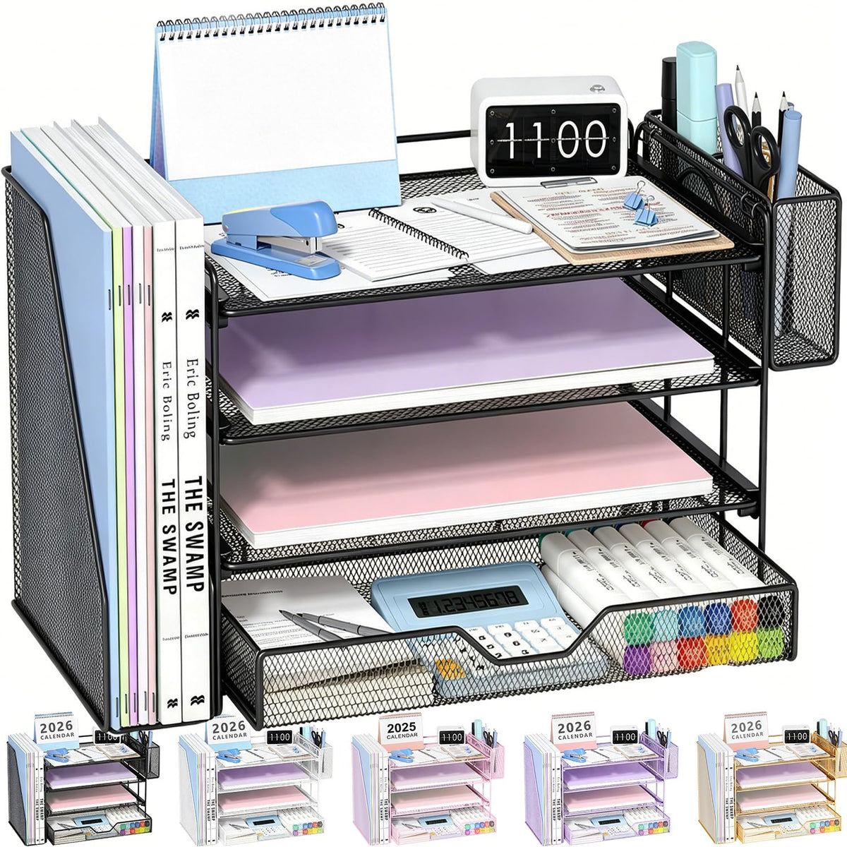 OPNICE Desk Organizer, 4-Tier Desktop File Organizer with Drawer and Pen Holders, Office Desk Accessories, File Sorters, Workspace Organizers for Office Supplies(Black)