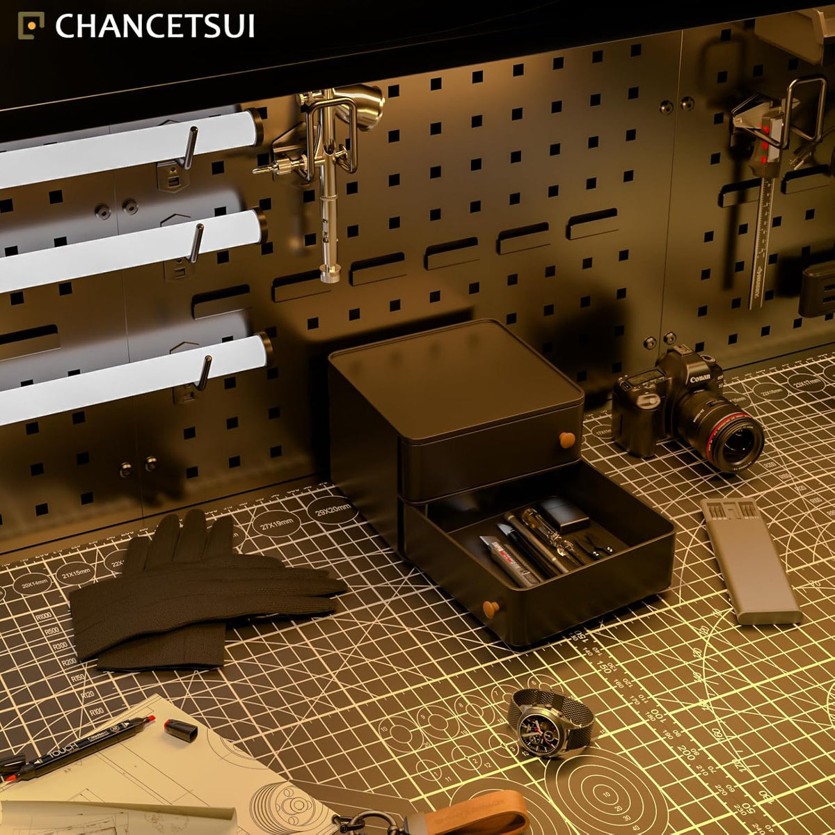 CHANCETSUI Black desk organizer for men: Multi function countertop container for gaming desk, workstation, bathroom storage, square storage box for black aesthetic