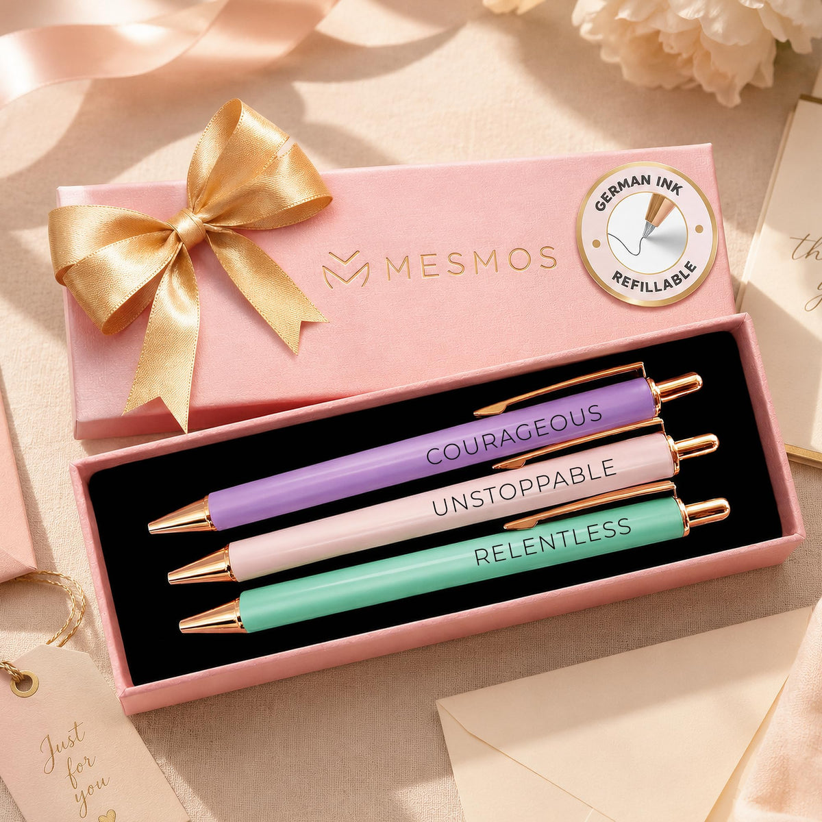 MESMOS 3pk Cute Cat Pens, Sassy and Funny Cat Lover Gifts for Women, Aesthetic Ballpoint Pens Beautifully Packaged, German-made Ink and Swiss-made Ink