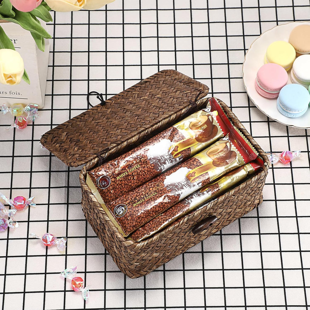 Hipiwe Handwoven Wicker Basket with Lid Small Desktop Seagrass Organizer