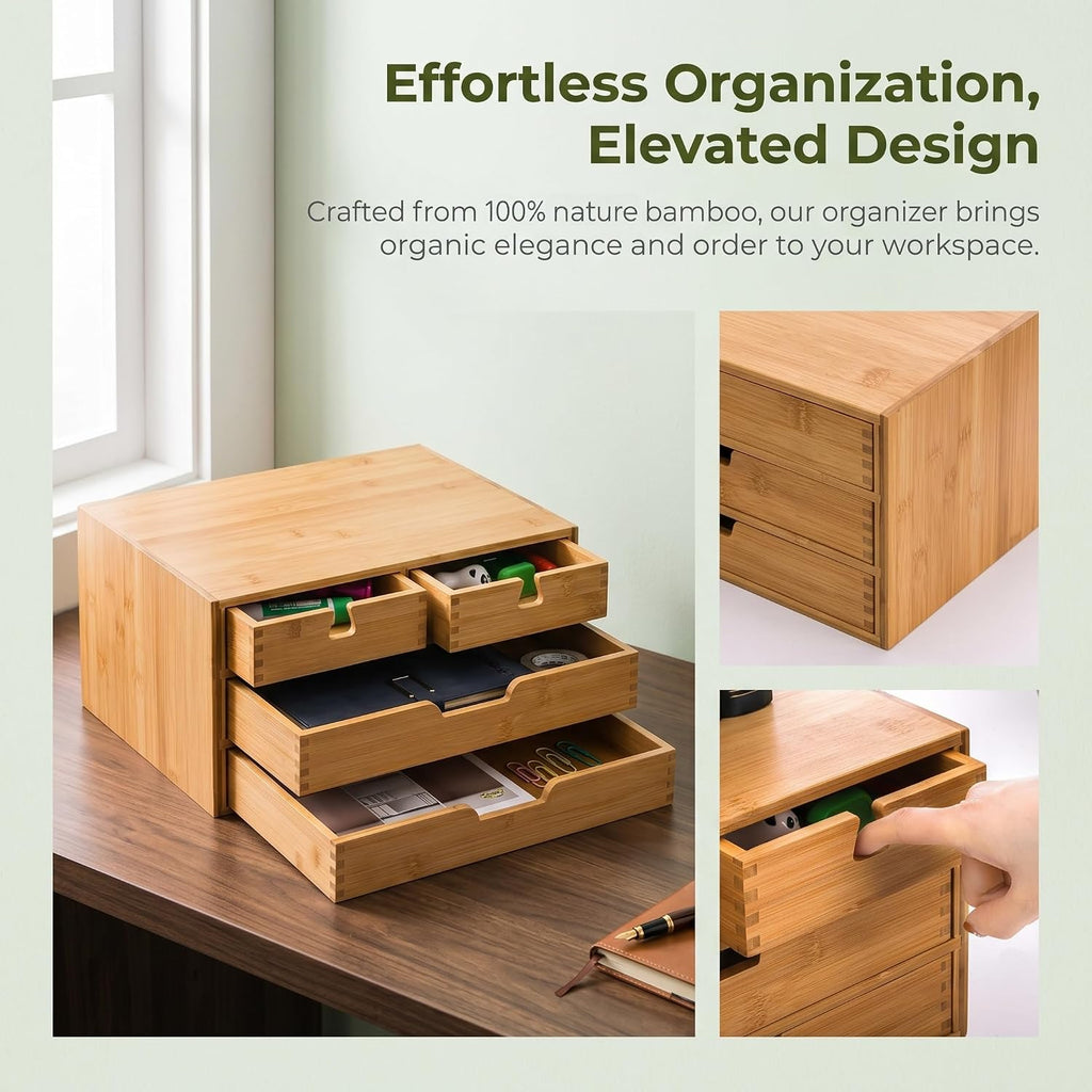 DEAYOU Bamboo Desk Organizer, 100% Natural Bamboo Desktop Drawer Organizer, Tabletop Storage Cabinet Organization Box with 4 Drawers for Makeup, Letter, Home Office Supplies, 3-Layer, Fully Assembled