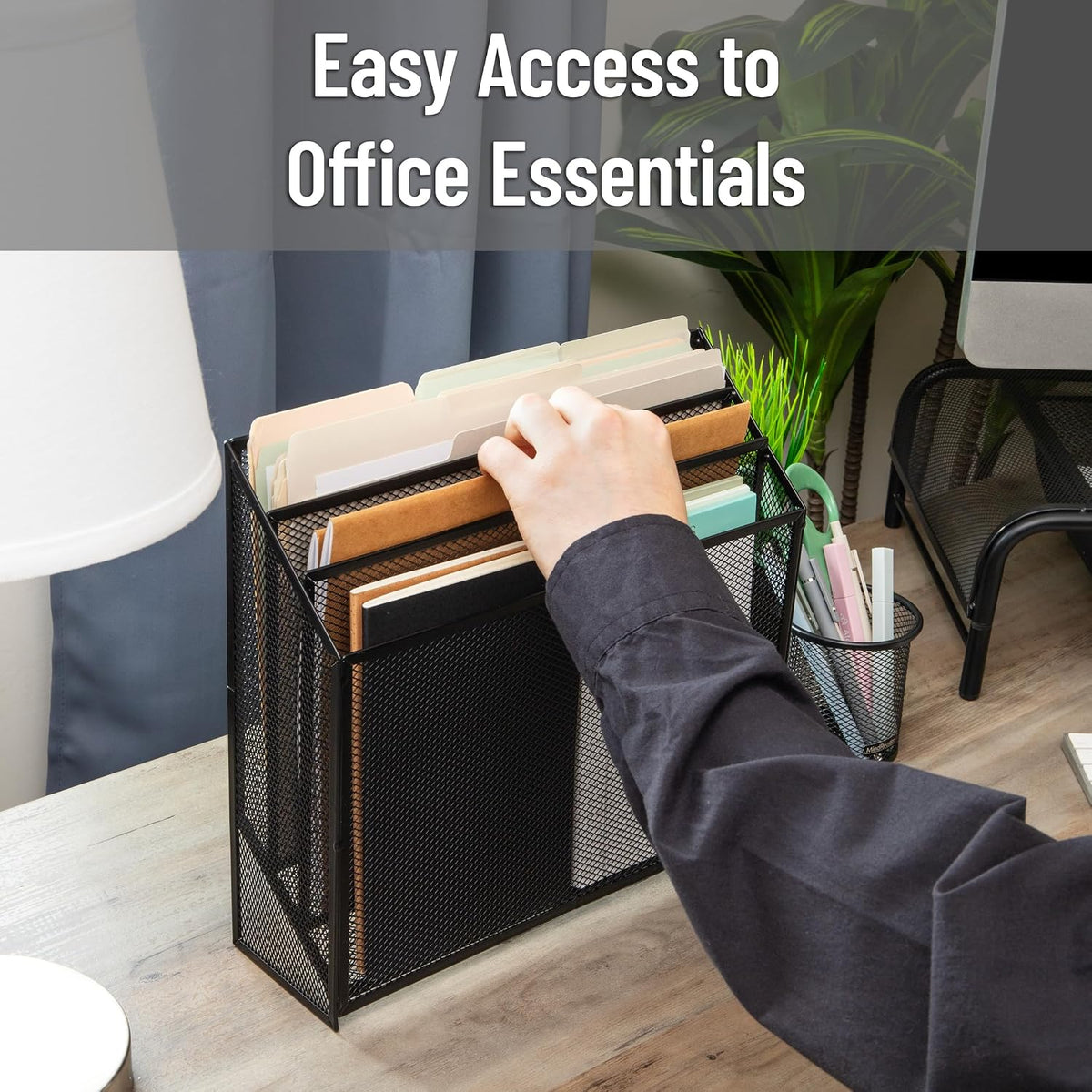 Mind Reader Vertical File Storage, Desktop Organizer, Workspace, Office, Metal Mesh, 12.5"L x 3.75"W x 11.5"H, Black