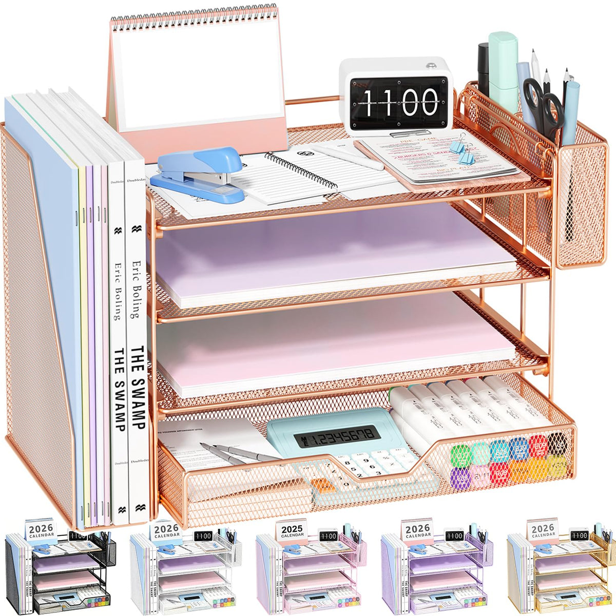 OPNICE Desk Organizer, 4-Tier Desktop File Organizer with Drawer and Pen Holders, Office Desk Accessories, File Sorters, Workspace Organizers for Office Supplies(Black)
