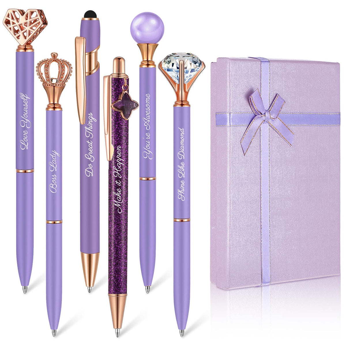 Qeeenar 6 Pcs Fancy Pens for Women Crystal Diamond Pen with Box, Black