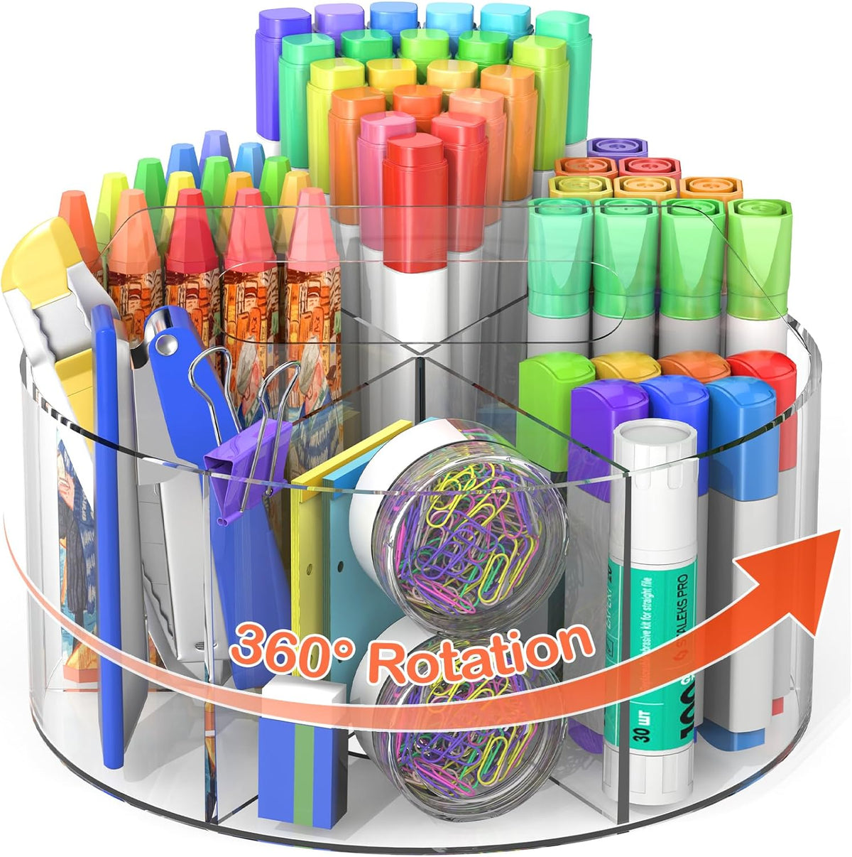 Mefirt Acrylic Pen Holder, 360 Degree Rotating Pen Organizer, Rotating Desk Acrylic Office Organizer with 6 Compartments, Marker Organizer for Kid, Crayon Caddy School Art Supply Storage Organizer