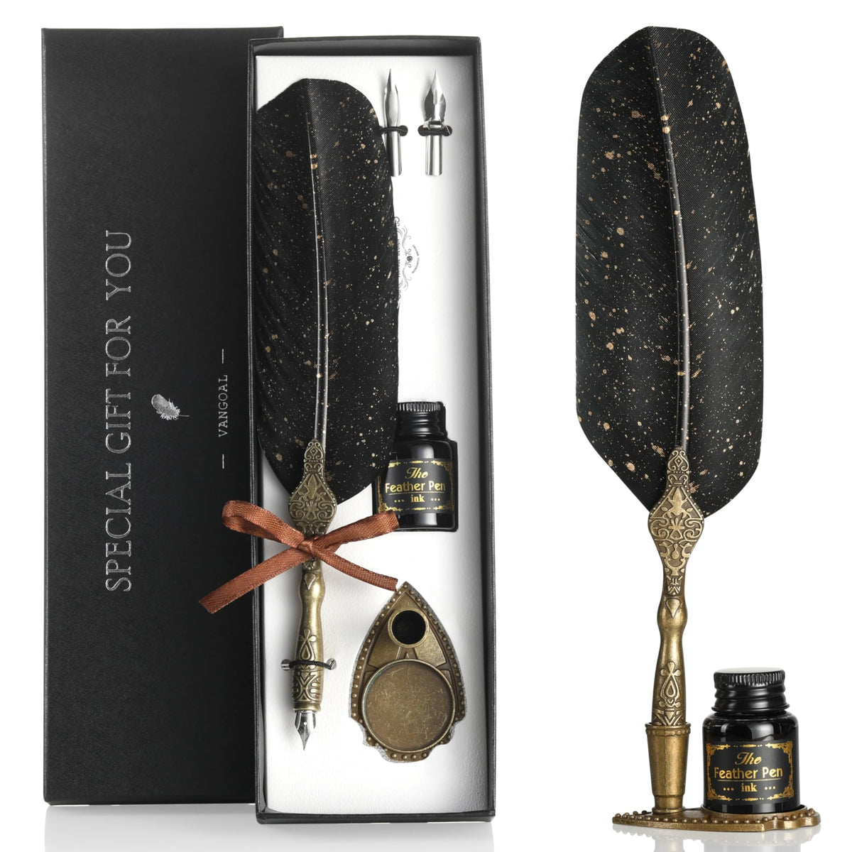 VANGOAL Vintage Green Feather Pen and Ink Set, Classic Series Goose Quill Pen with Carving Pen Stand, Calligraphy Pen Nibs, Black Dip Pen Ink, Antique Writing Gift for Writer
