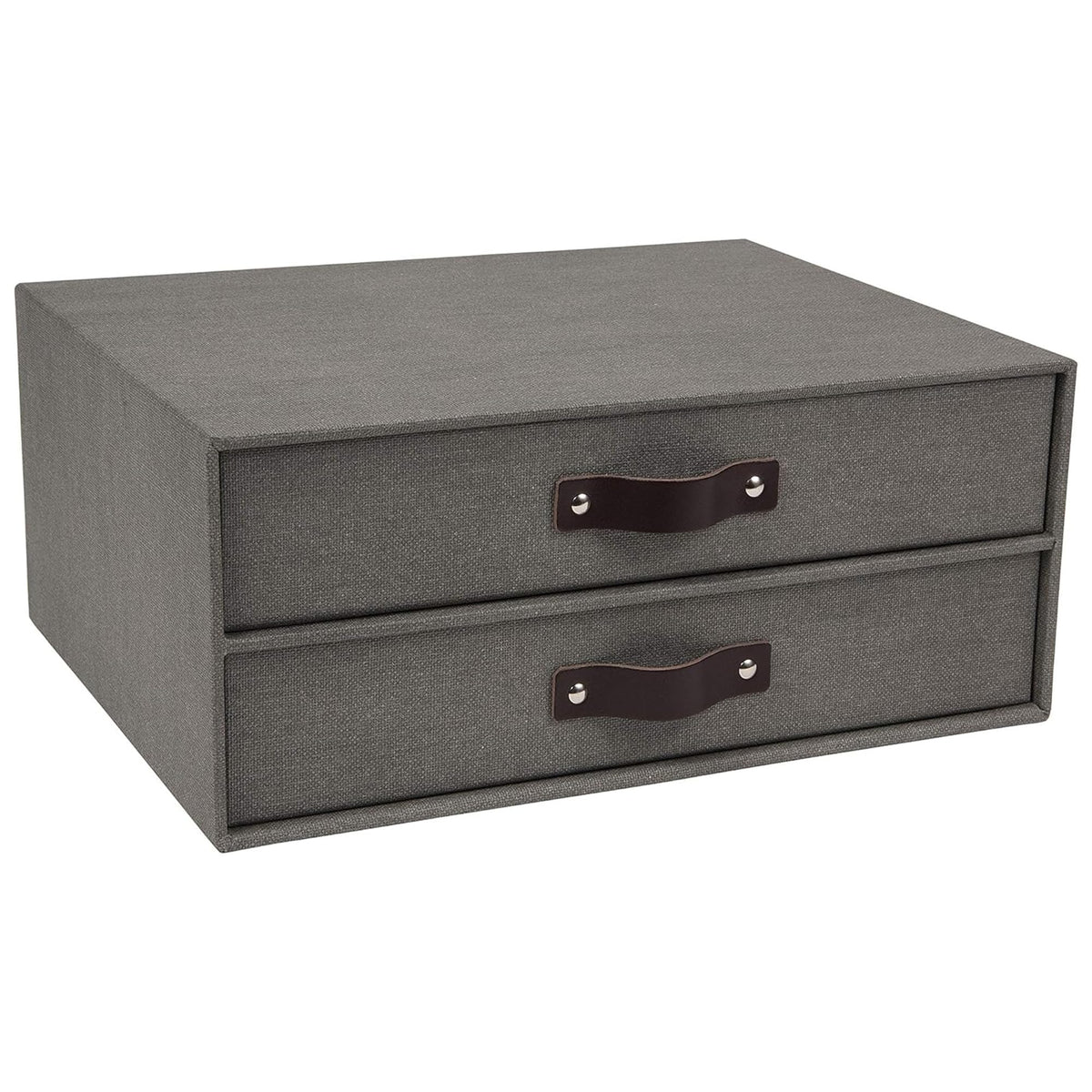 Bigso Birger 2-Drawer Canvas Fiberboard Easy Pull Handle Document Letter Box | Desktop Drawers for Loose Papers and Documents | Desktop Storage Drawers with Leather Handles | 13.1” x 10” x 5.7” | Blue