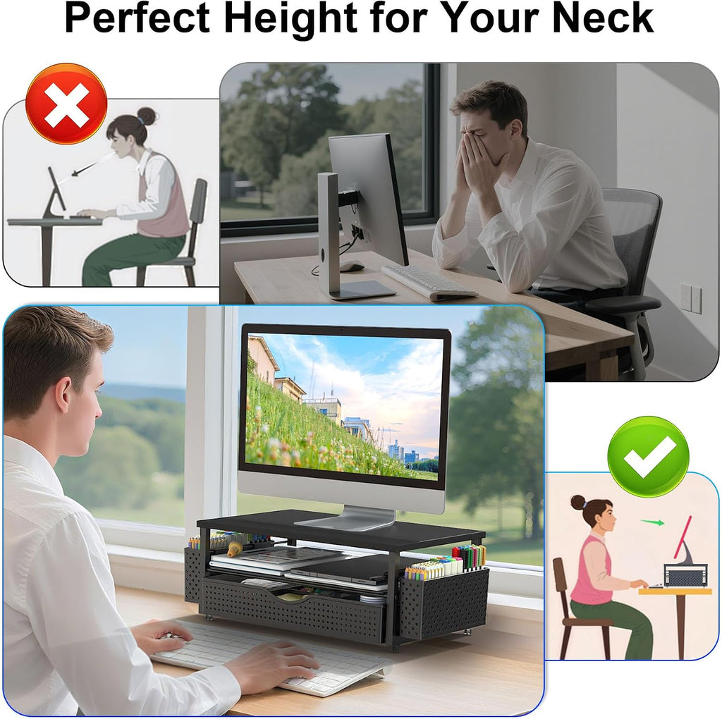 Spacrea Computer Monitor Stand with Drawer and 2 Pen Holders, Black