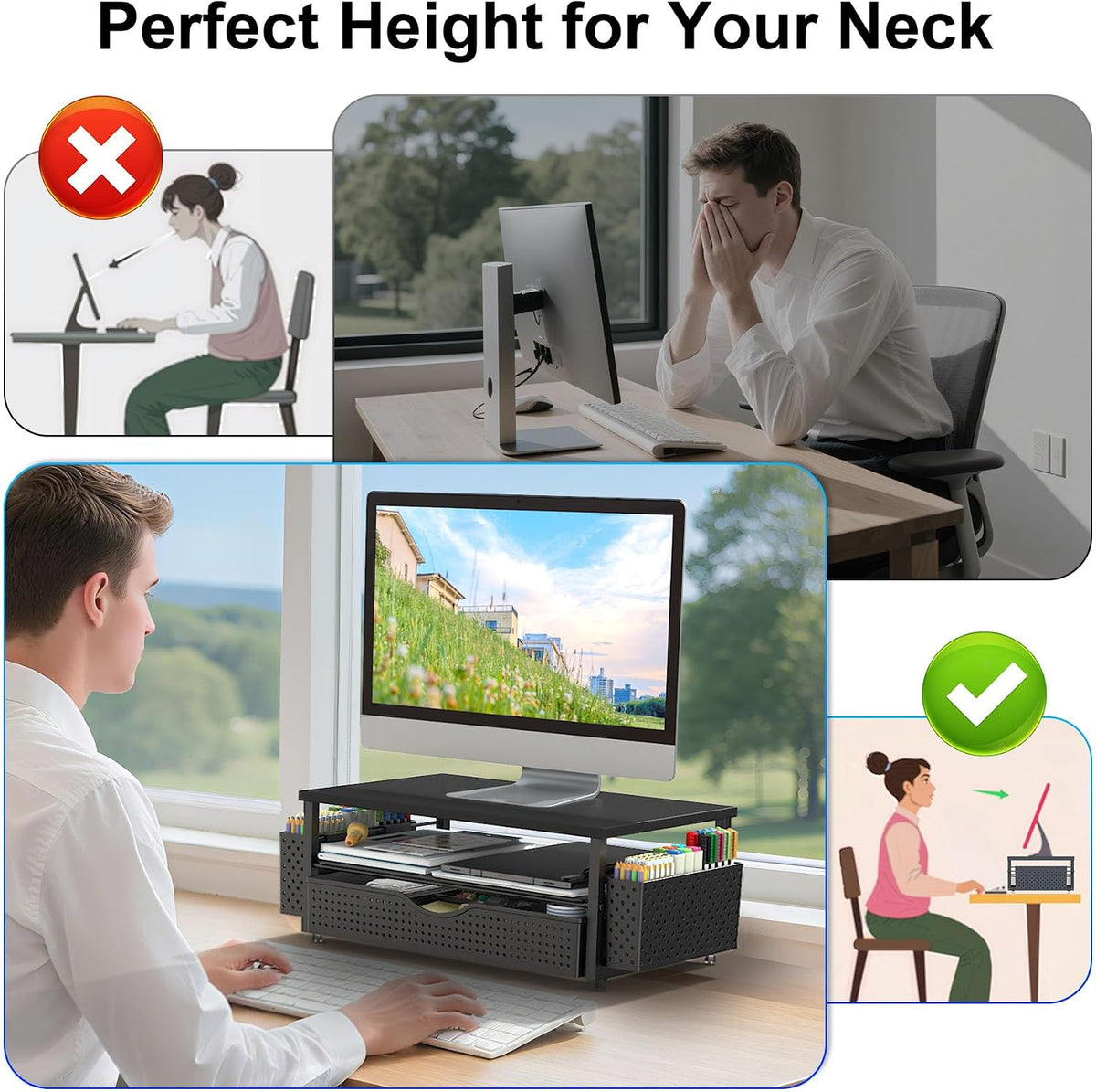Spacrea Computer Monitor Stand with Drawer and 2 Pen Holders, Black