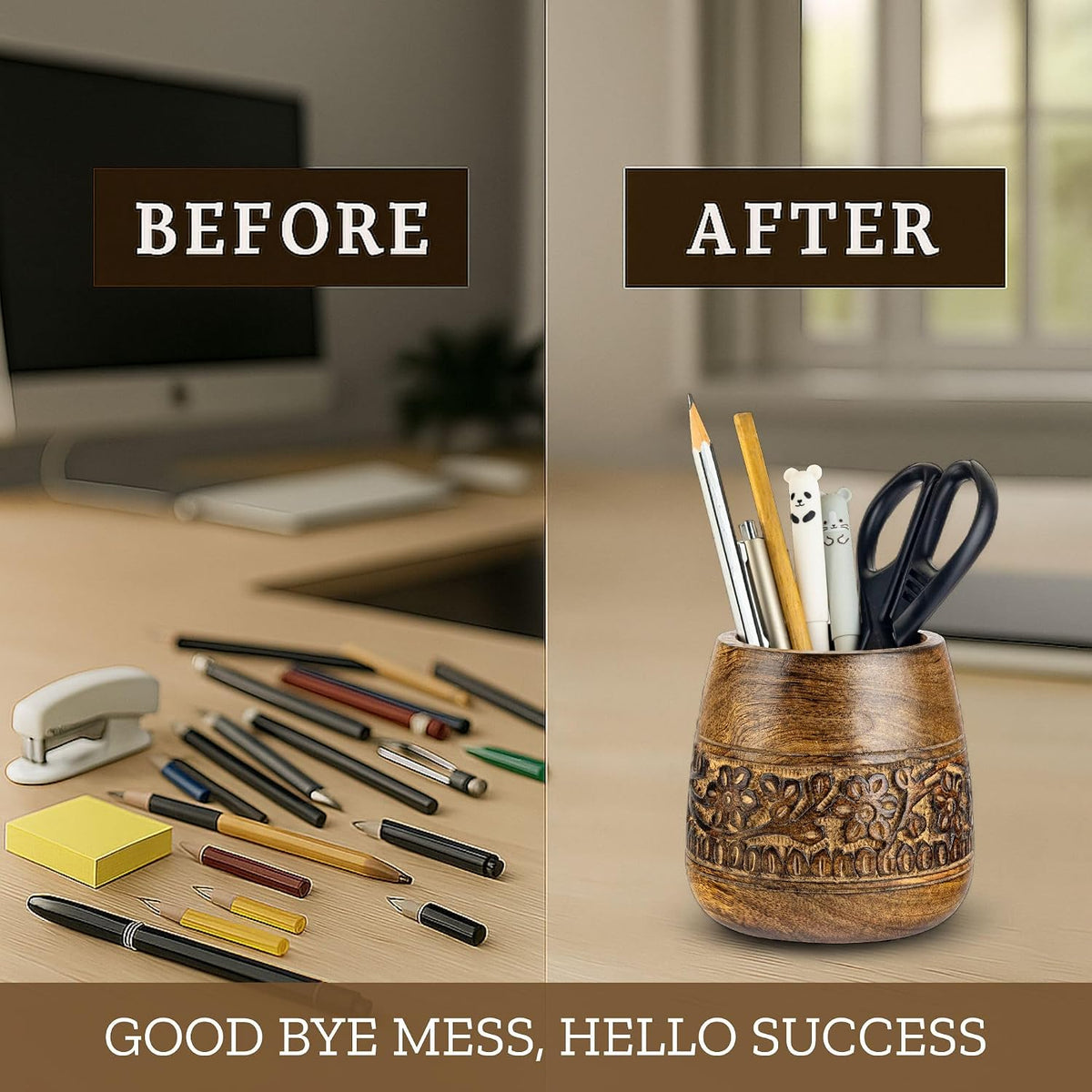 Mie Creations Rustic Pencil Holder, Wooden Pen Stand, Table Desk Organizer