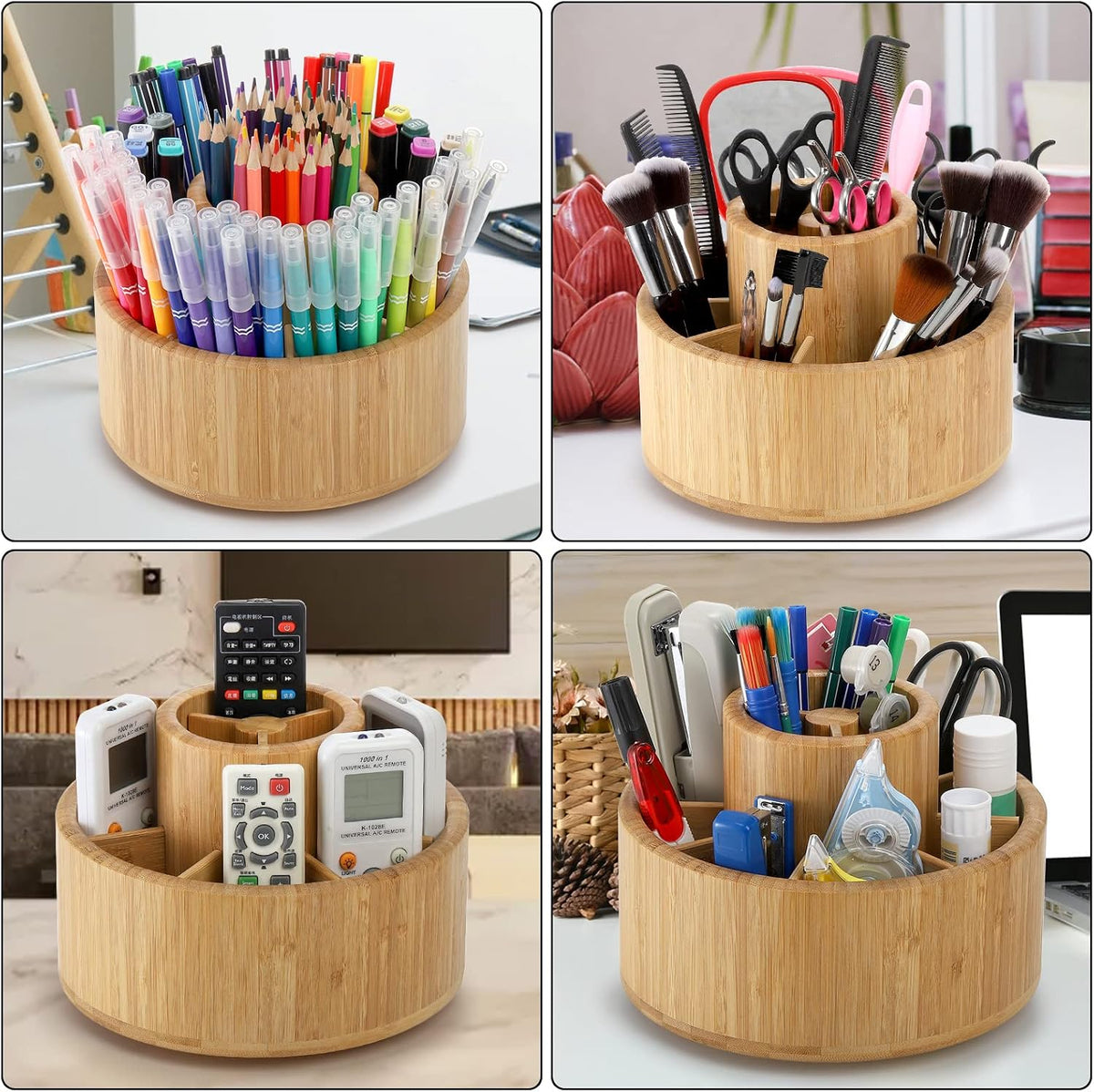 SOUJOY Bamboo Pen Holder Organizer, 360°Rotating Art Supply Organizer with 11 Compartments, Color Pencil Storage Caddy, Hold 200+ Pencils, Office Desk Stand Box for Marker Pens, Pencil, Art Brushes